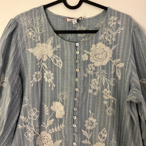 Johnny Was Osiris Puff-Sleeve Buttoned Minidress - Denim Blue - Size Large - Picture 5 of 8